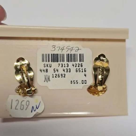 St John Gold Black Enamel Logo Circle Vintage 80s Clip On Earrings - Picture 7 of 8